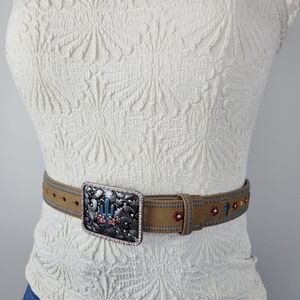 Catchfly Western Embroidery Belt Size Small Leather Back Silver Belt Buckle